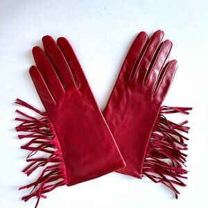 Neiman Marcus Red Leather Italian Gloves with Fringe, Size 7 1/2, Silk Lining EC